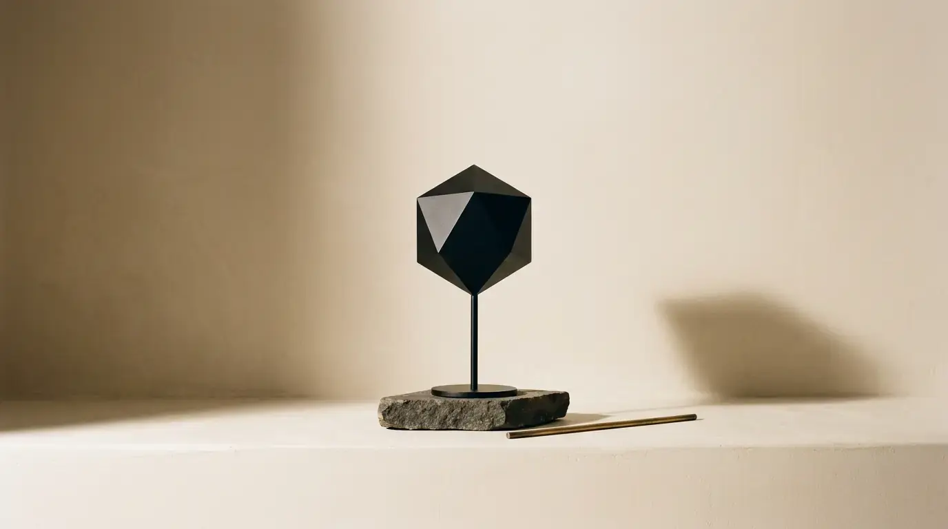 A black faceted icosahedron mounted on a stem above a rough stone base, brass rod beside it