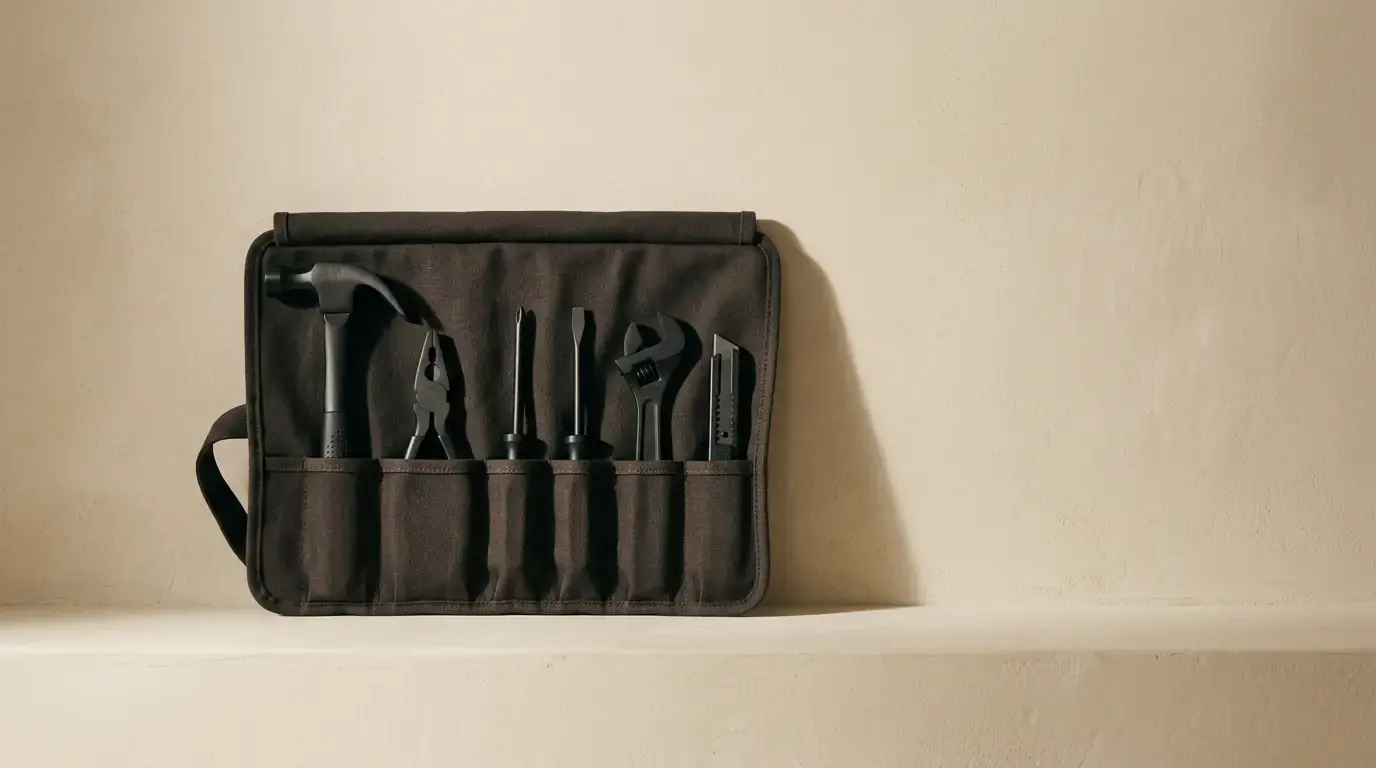 A canvas tool roll opened flat: hammer, pliers, two screwdrivers, an adjustable spanner and a knife.