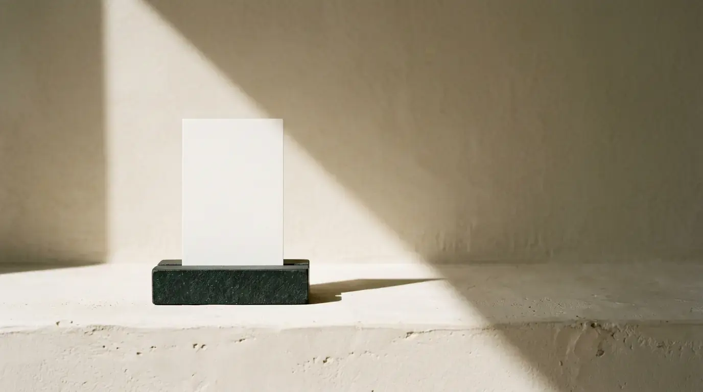 A blank white card standing upright in a dark stone base, a shaft of sunlight falling across it