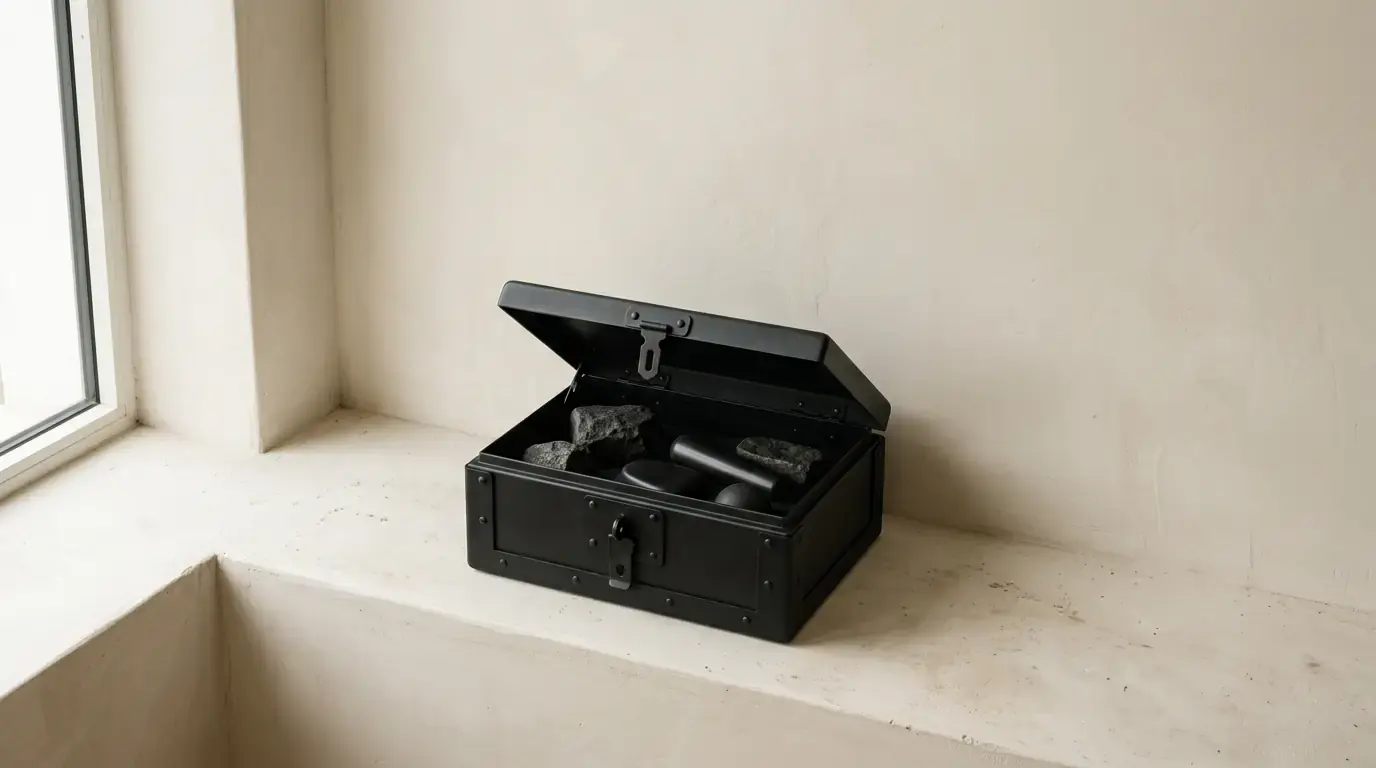 An open black metal cash box on a windowsill, dark stones and a cylinder inside, hasp unlatched