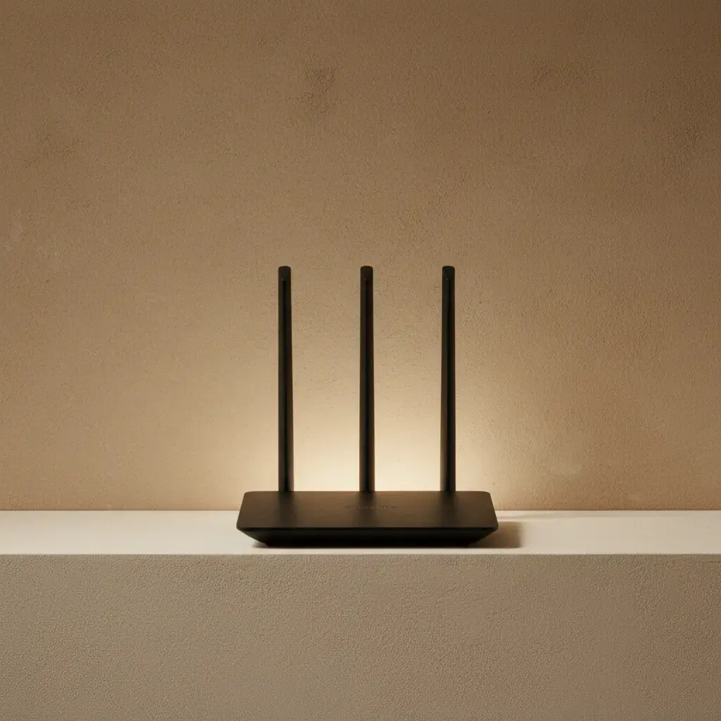 A black router with three upright aerials on a pale ledge, warm light glowing behind it