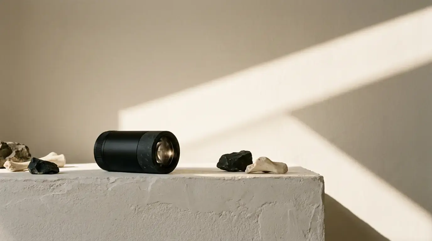 A black lens barrel lying on a plaster plinth among dark stones and pale bone fragments