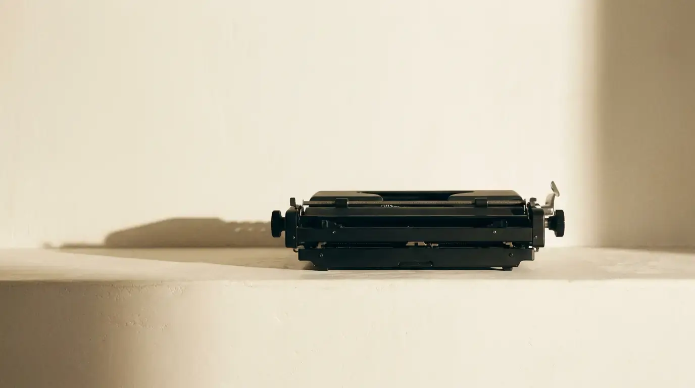 A typewriter carriage seen edge-on from the back, low on a plaster ledge in flat light