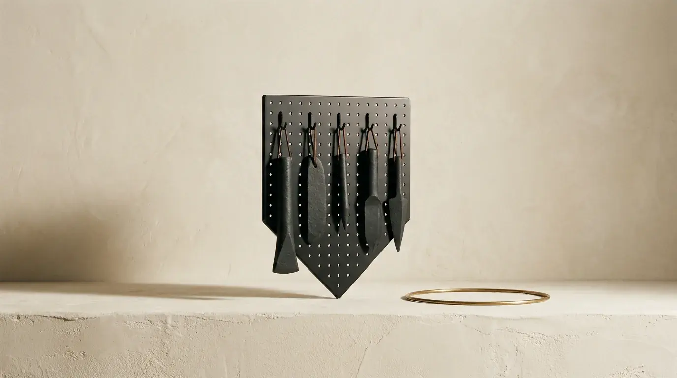 A dark tool panel with a row of implements hanging in their slots, propped against a plaster wall