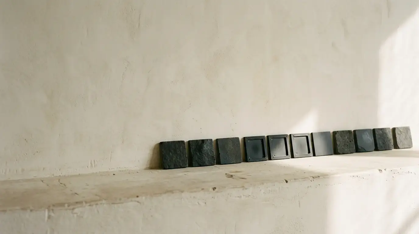 A row of eleven small stone and metal tiles stood side by side along a plaster ledge