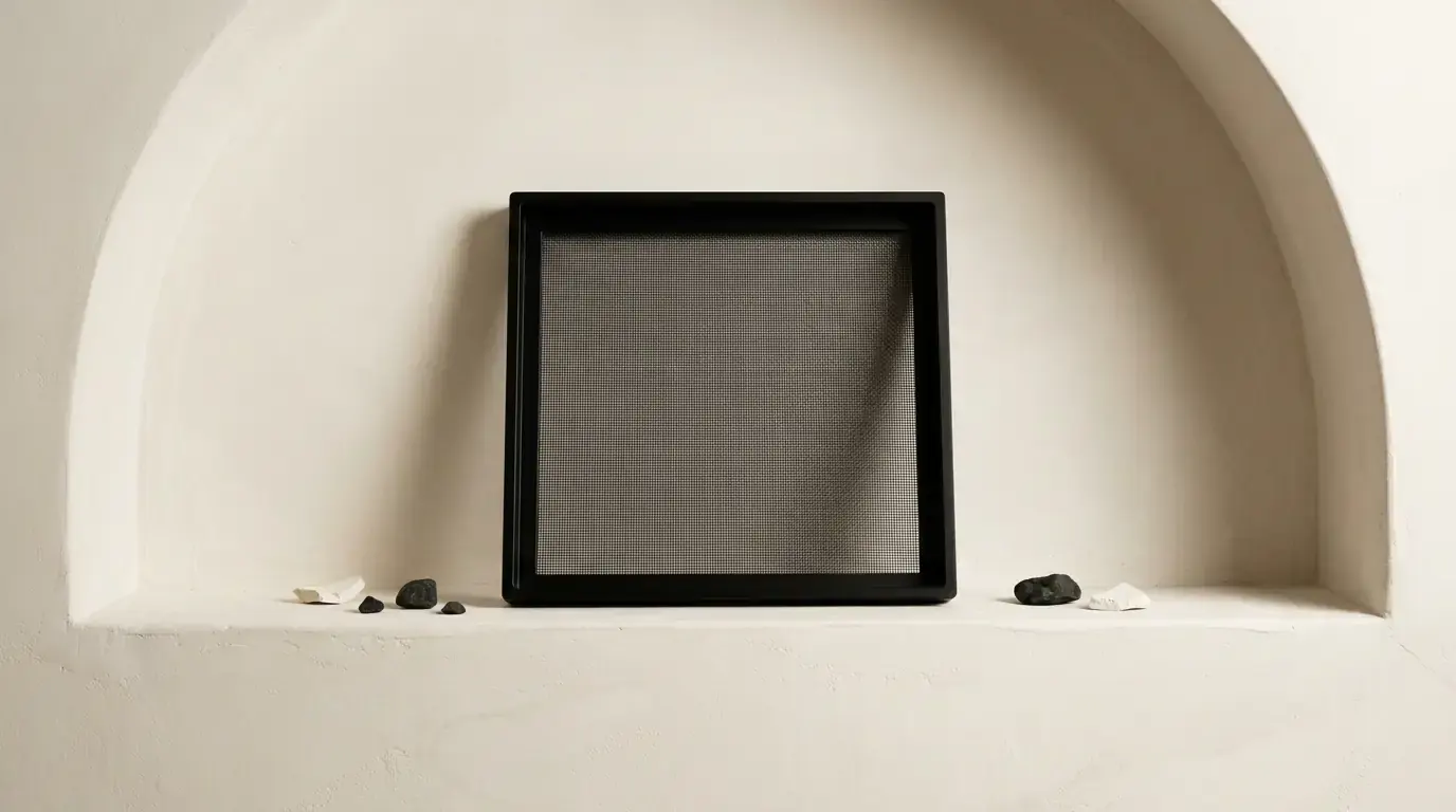 A black framed panel of fine wire mesh standing in a whitewashed arched alcove, small stones beside