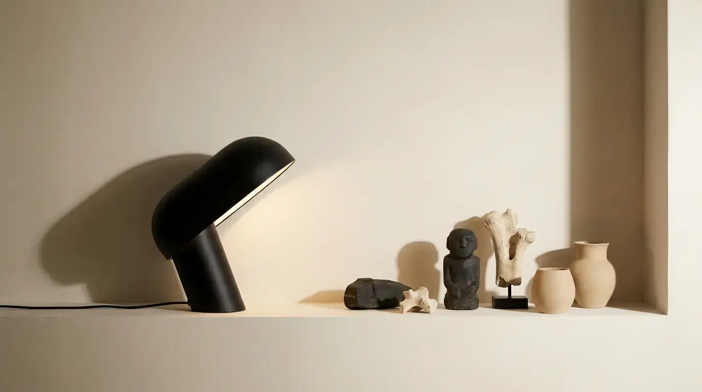 A lit black lamp bent toward a row of small objects: a carved figure, a bone on a stand, two pots