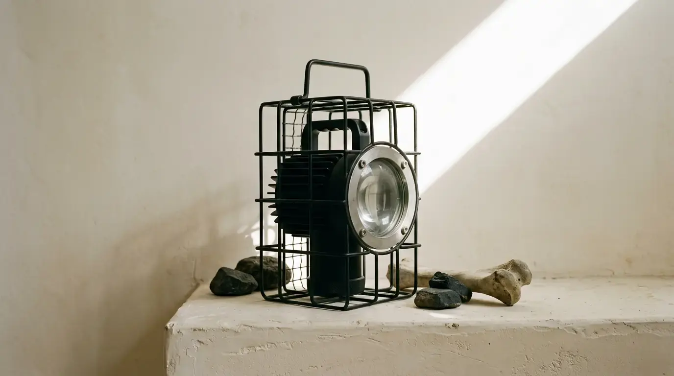 A heavy black lamp inside a wire cage on a plaster ledge, dark stones scattered beside it
