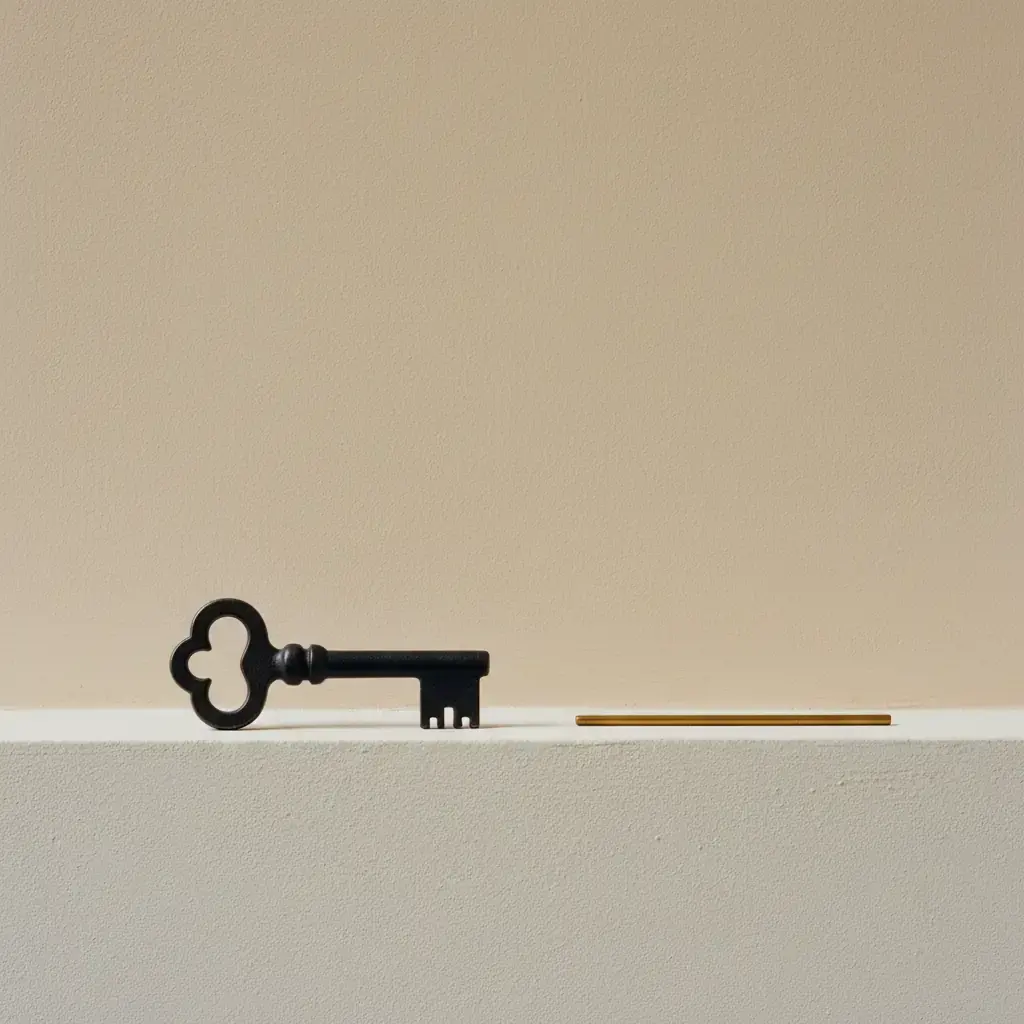 A black cast-iron key with a trefoil bow lying on a ledge, a brass rod at the same height