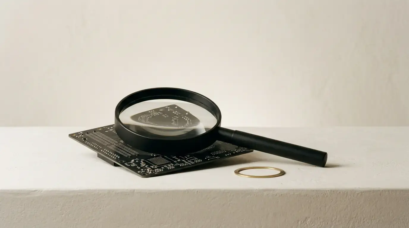 A magnifying glass lying flat on a dark circuit board, a brass ring on the ledge beside it