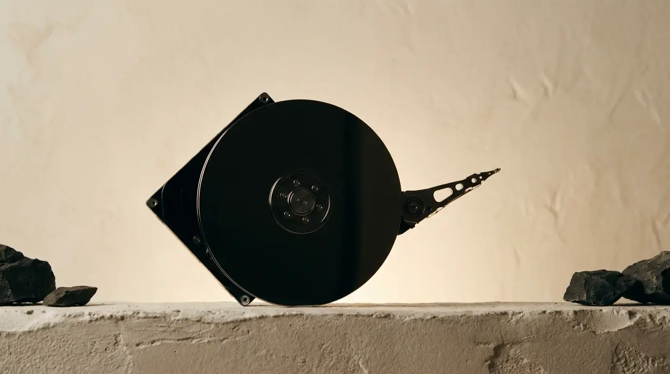 An opened hard disk drive standing on a plaster ledge between dark rocks, platter and arm exposed.