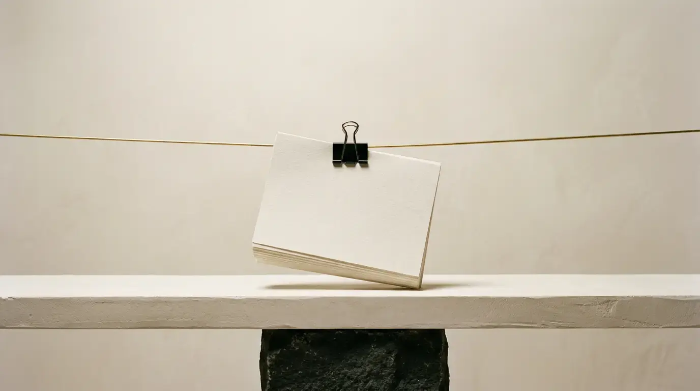 A stack of blank cards held by a black binder clip on a taut brass wire above a stone bench