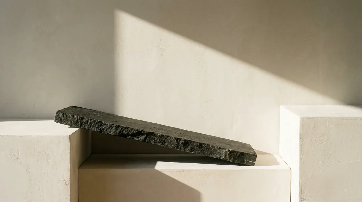 A rough basalt slab bridging two plaster plinths like a short ramp, lit from the left