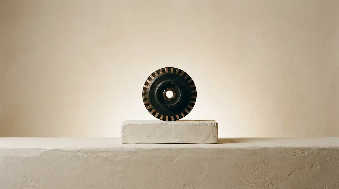 A black slotted rotor disc standing on a pale stone block, light showing through its notches