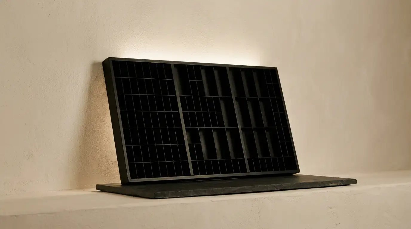 A black gridded compartment tray leaning on a dark slate base, the wall behind it lit from above.