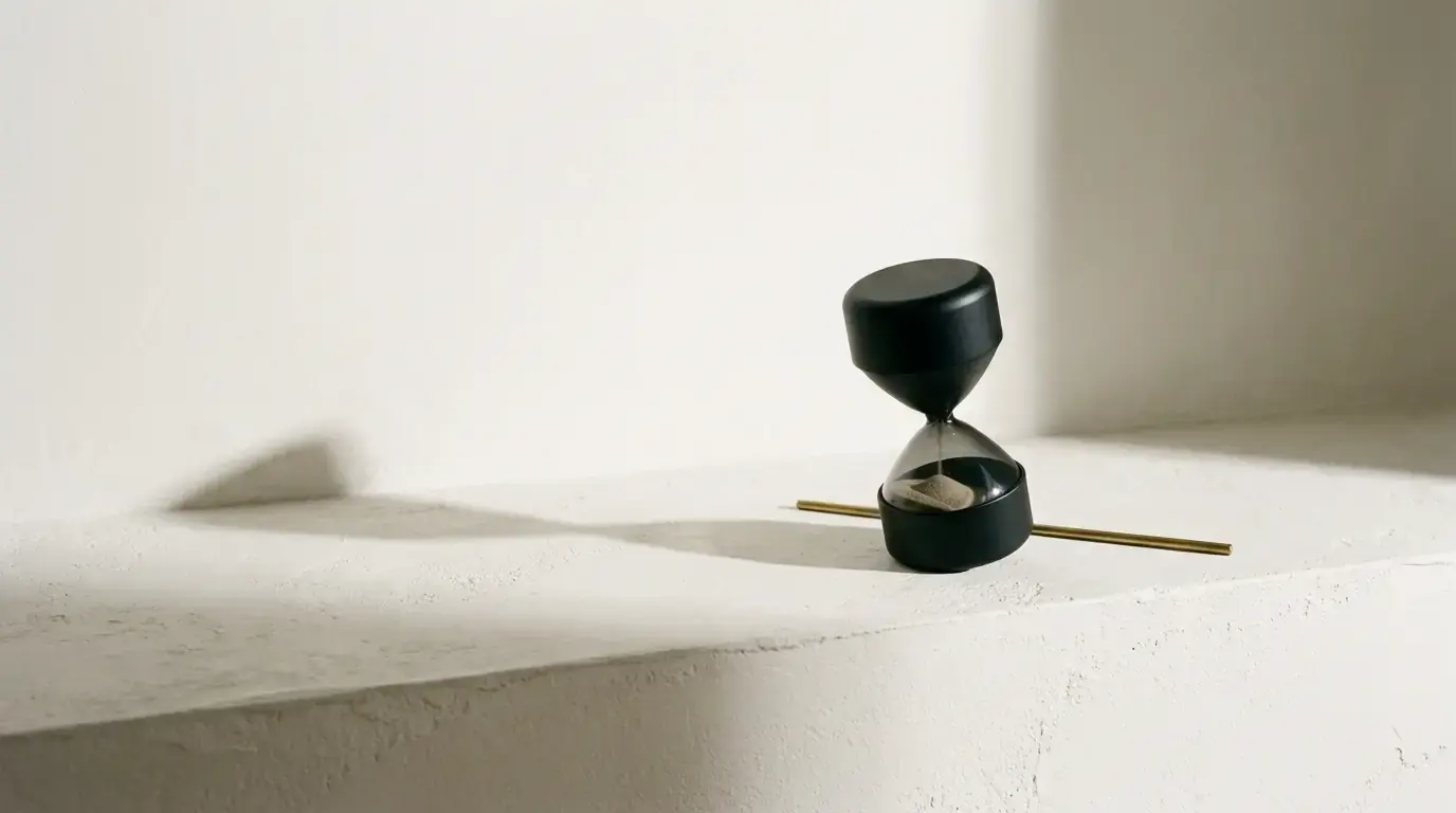 A black hourglass standing on a pale ledge with its sand mostly run through, a brass rod behind it.