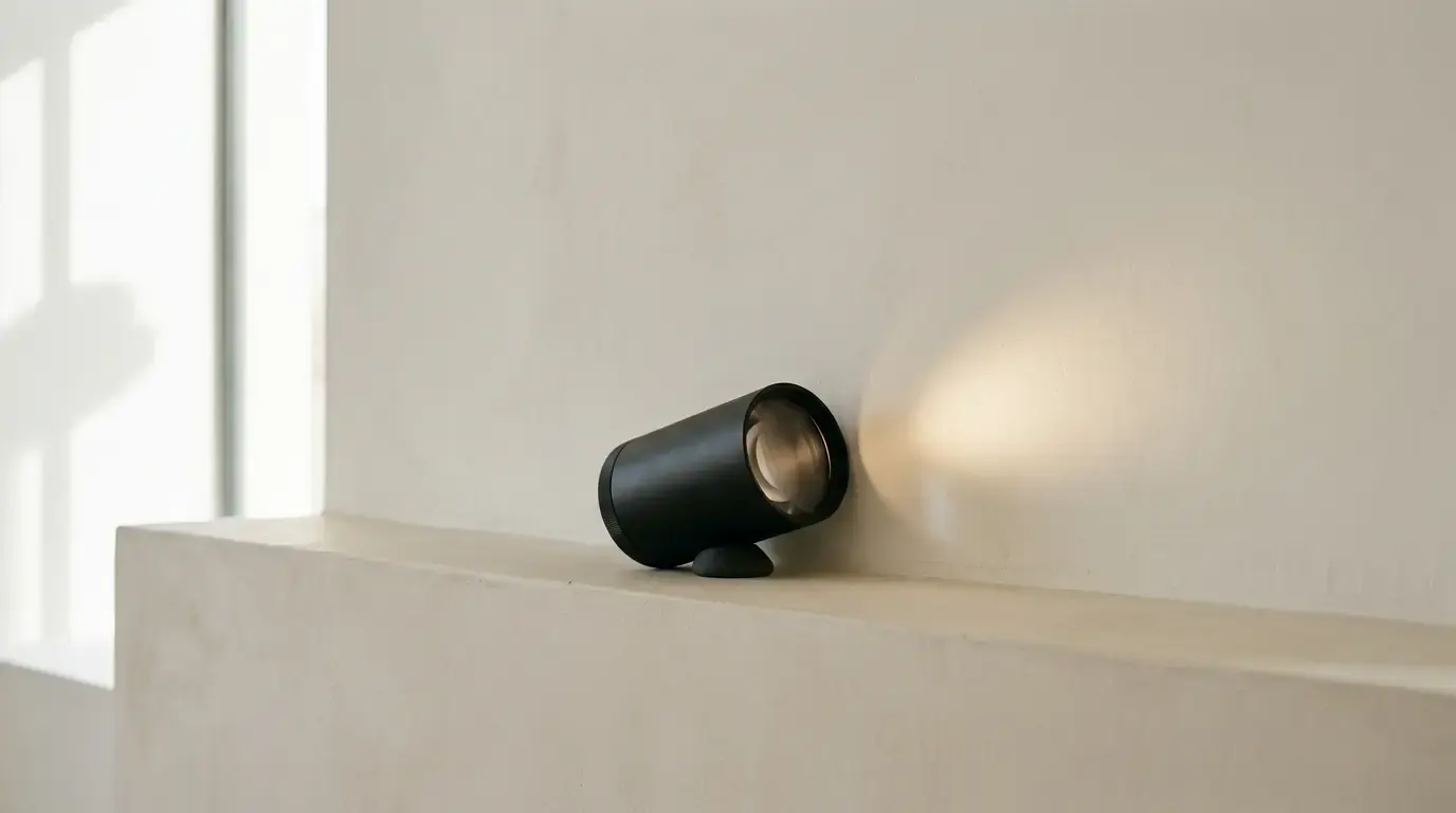 A black cylindrical lens lying on a pale ledge, a pool of warm light on the wall behind it.