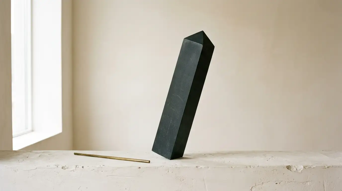 A tall black obelisk standing on a chalk-white plaster ledge with a thin brass rod at its foot