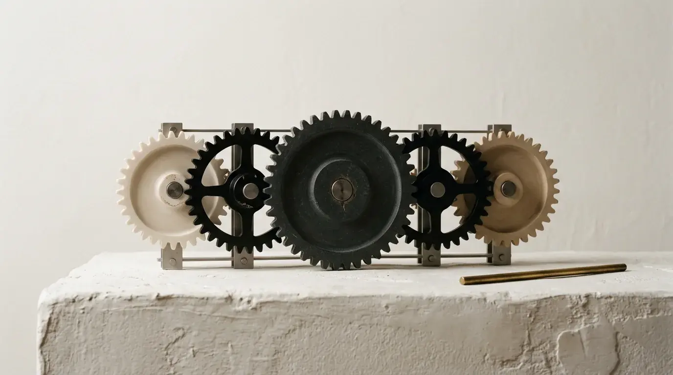 Three meshed gears of different sizes and materials on a plaster ledge, a slim brass rod resting beside them