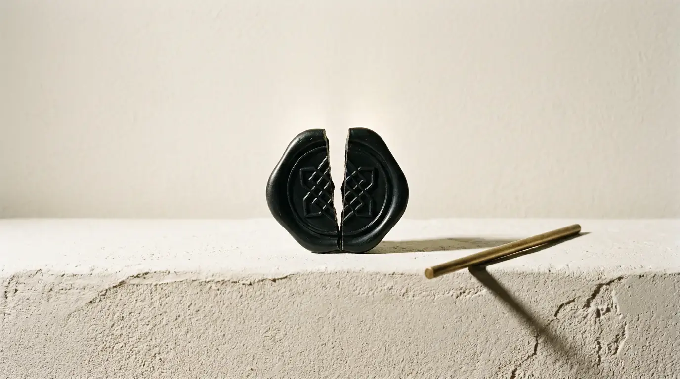 A black wax seal broken cleanly in two, standing on a plaster ledge beside a brass rod