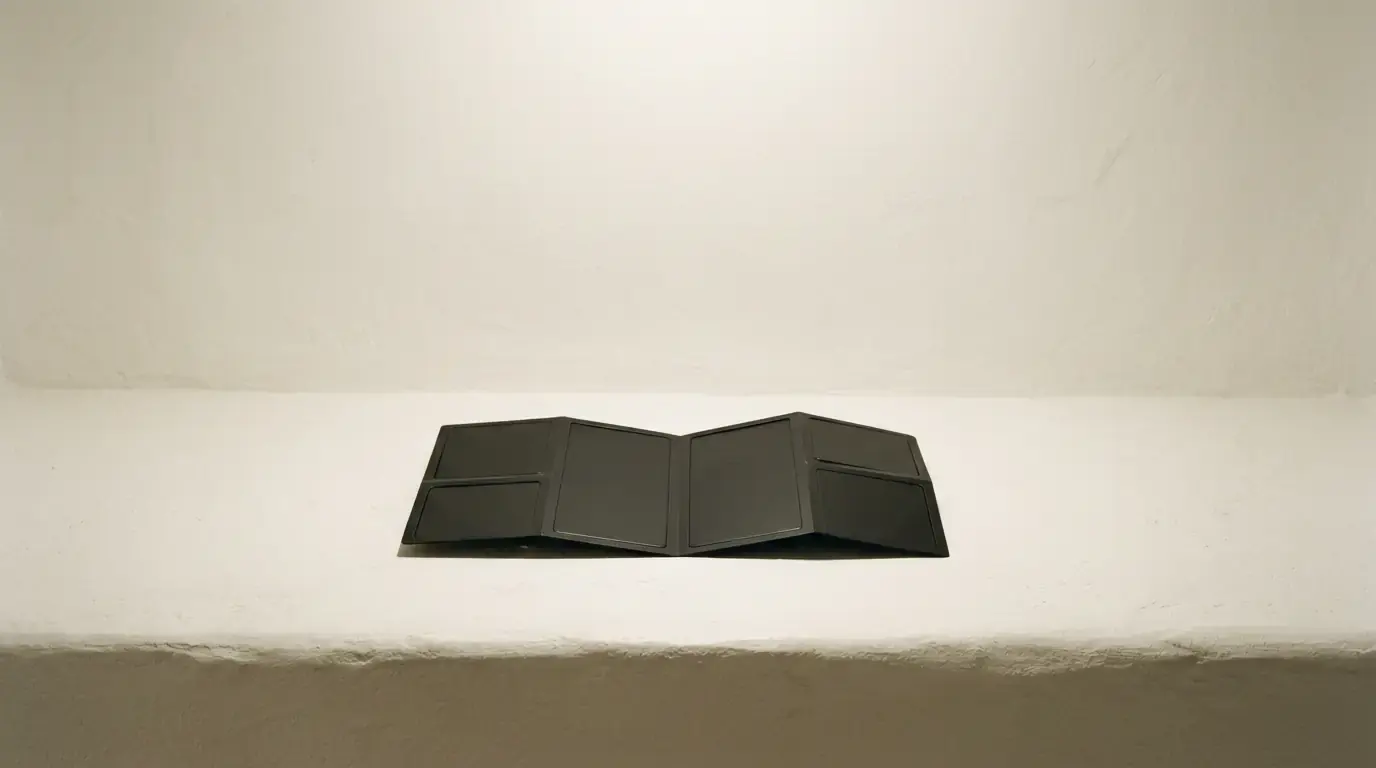 A black folding document wallet opened flat on a whitewashed ledge, its inner pockets empty