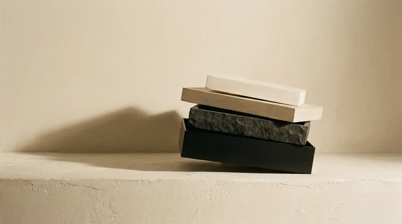 Four slabs of black metal, rough stone and pale plaster stacked askew on a ledge
