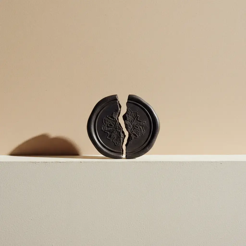 A dark wax seal split in two, the halves standing apart on a ledge against a warm wall