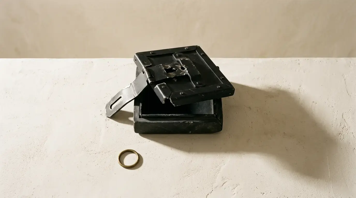 A small black strongbox with its hinged lid propped open and hasp swung clear, a brass ring beside it