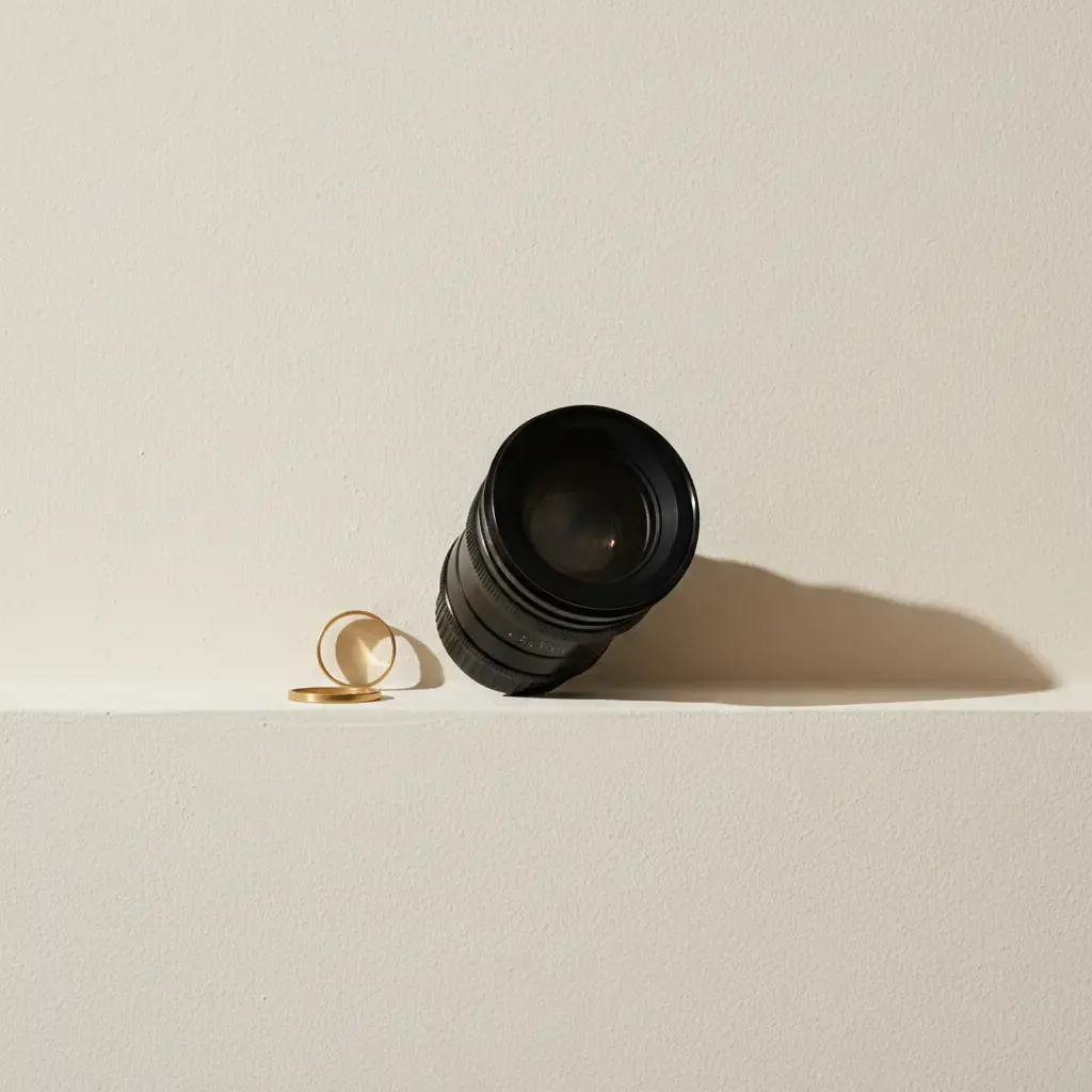 A camera lens standing upright on a pale ledge, a brass ring propped open beside it