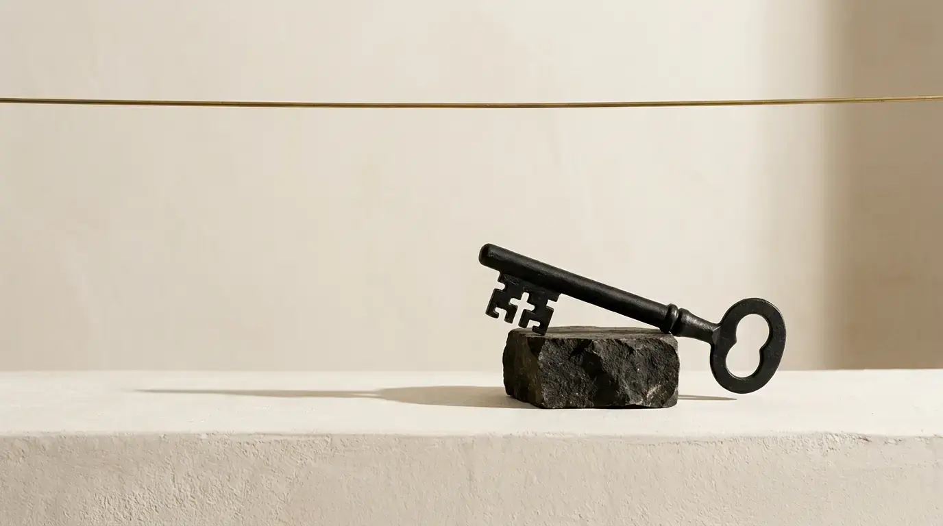 A black iron key resting across a rough dark stone on a plaster ledge, a brass wire strung above