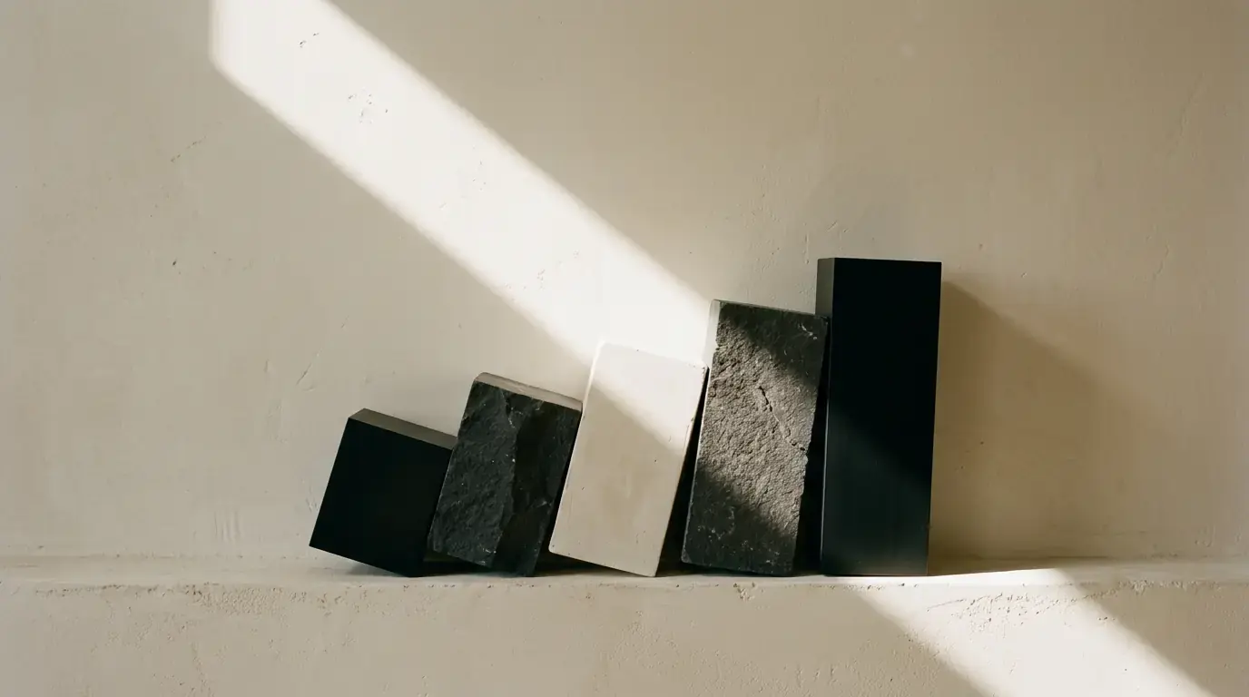 Five slabs of black metal and rough stone leaning in a row on a ledge, sunlight across them