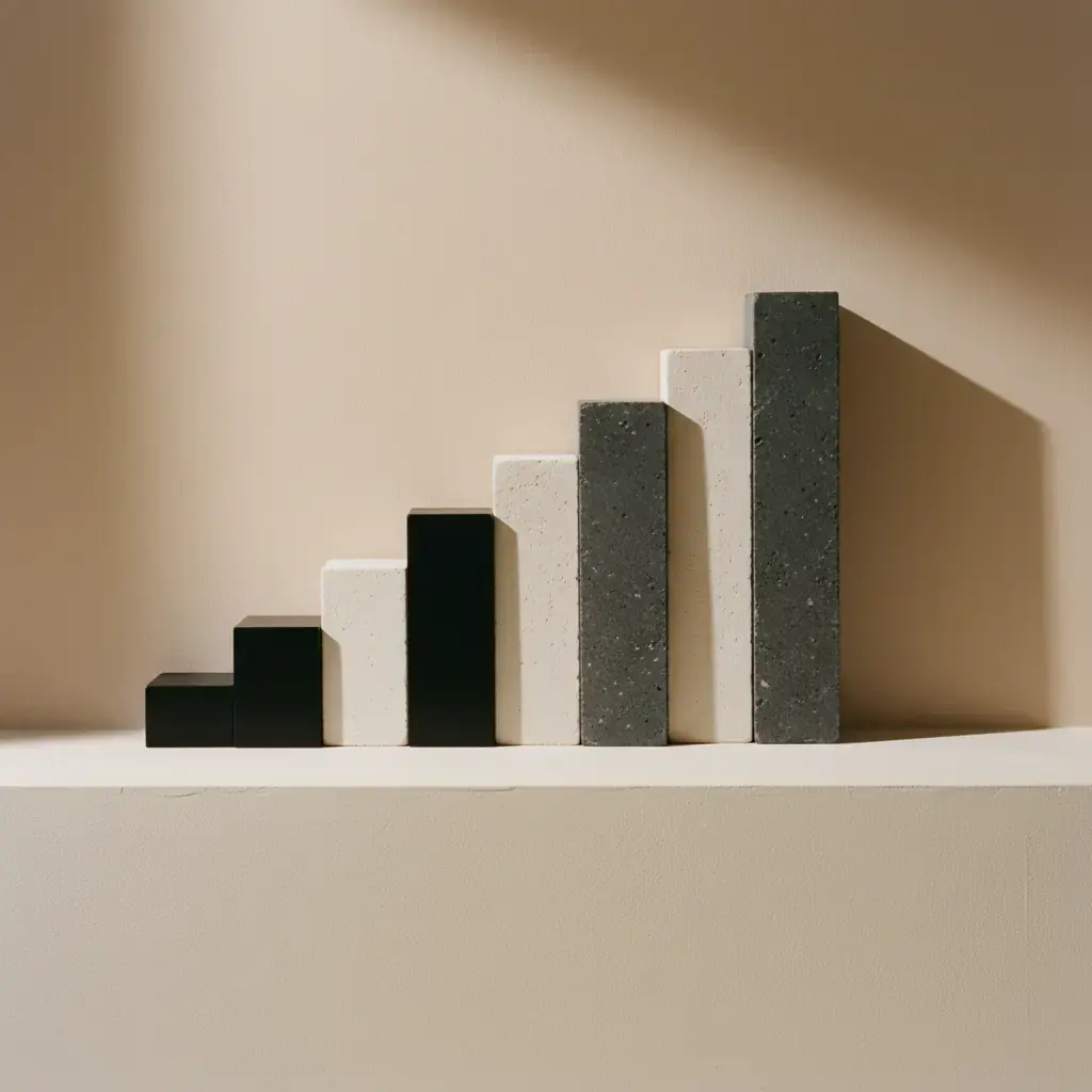 Eight stone and black blocks stood in a rising staircase against a warm plaster wall