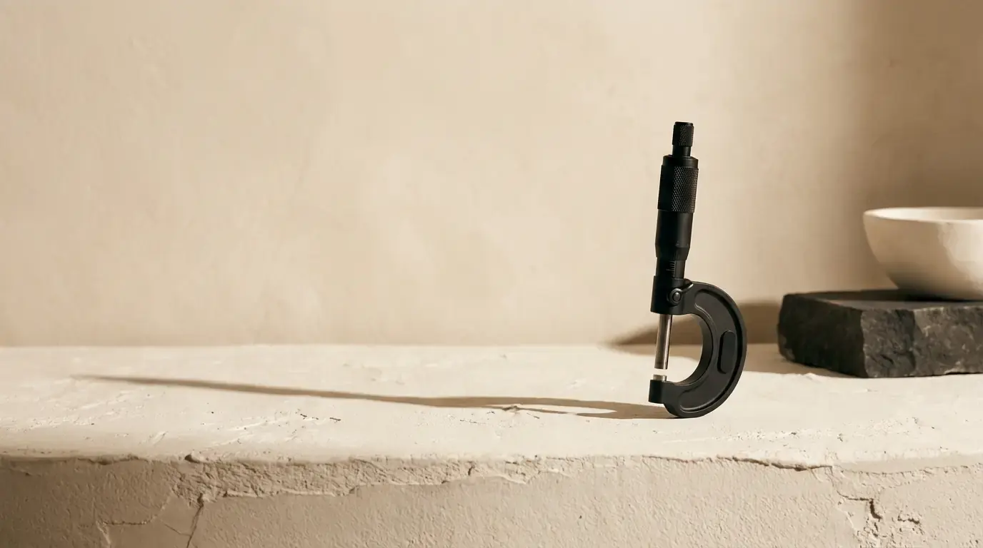 A black micrometer standing open on a stone ledge, a dark slab and pale bowl behind it