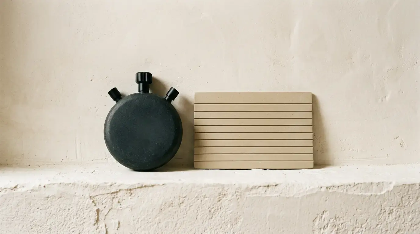 A matte black stopwatch beside a ruled stone tablet, both standing on a plaster ledge