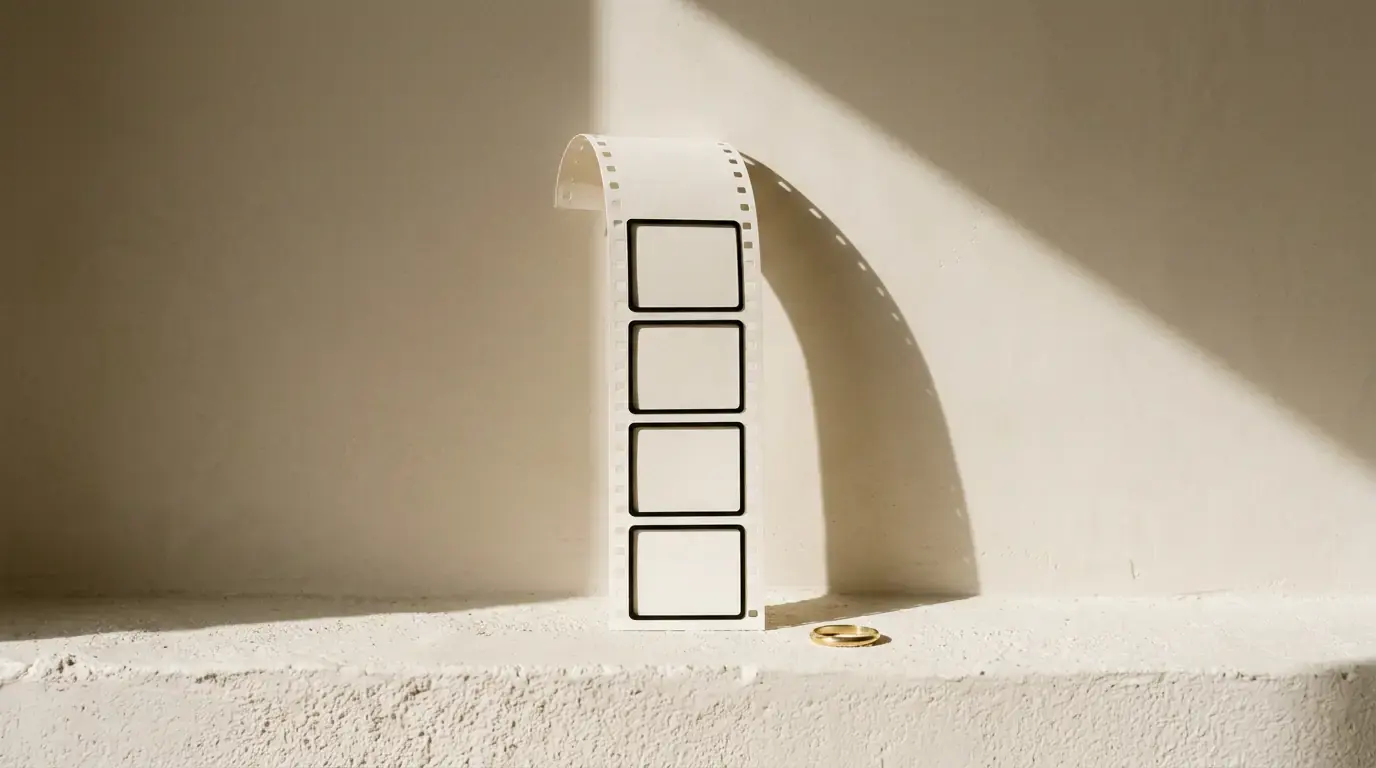 A strip of blank film curling upright on a plaster ledge, its shadow arcing across the wall