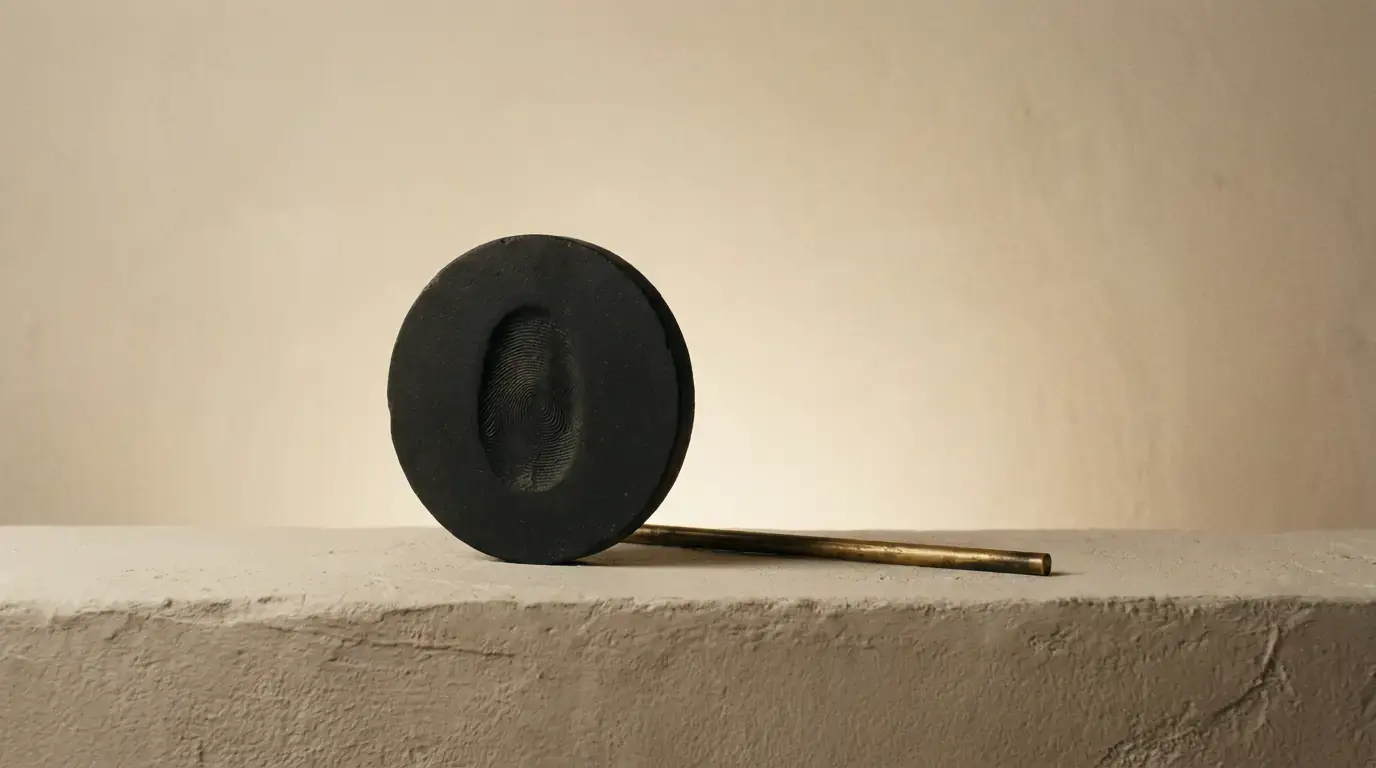 A black disc with a fingerprint pressed into it, standing on edge on a chalk-white plaster ledge