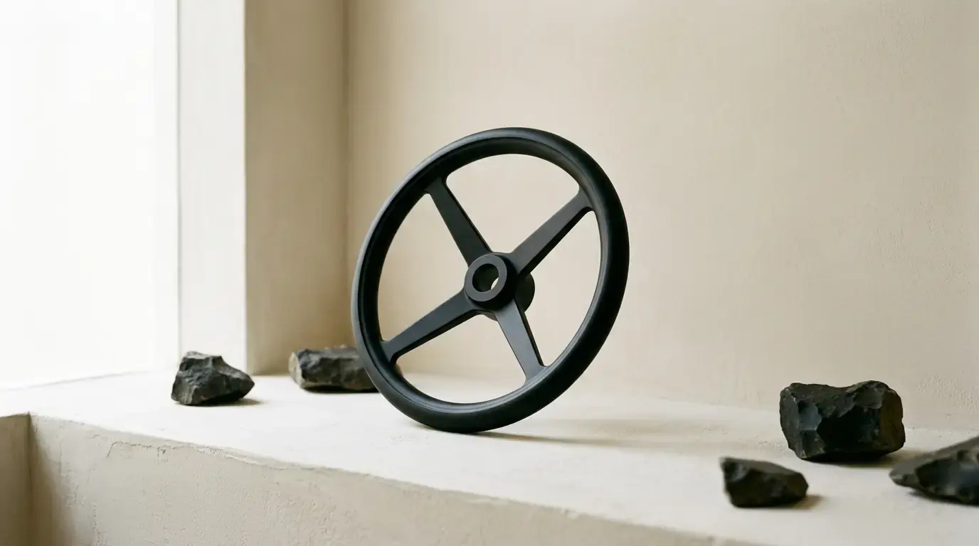 A black four-spoke wheel standing upright on a windowsill, dark stones scattered along the ledge