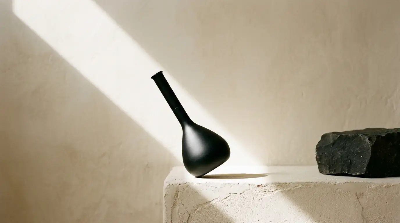 A black long-necked flask tipped to one side on a plaster block, a dark stone slab to the right.