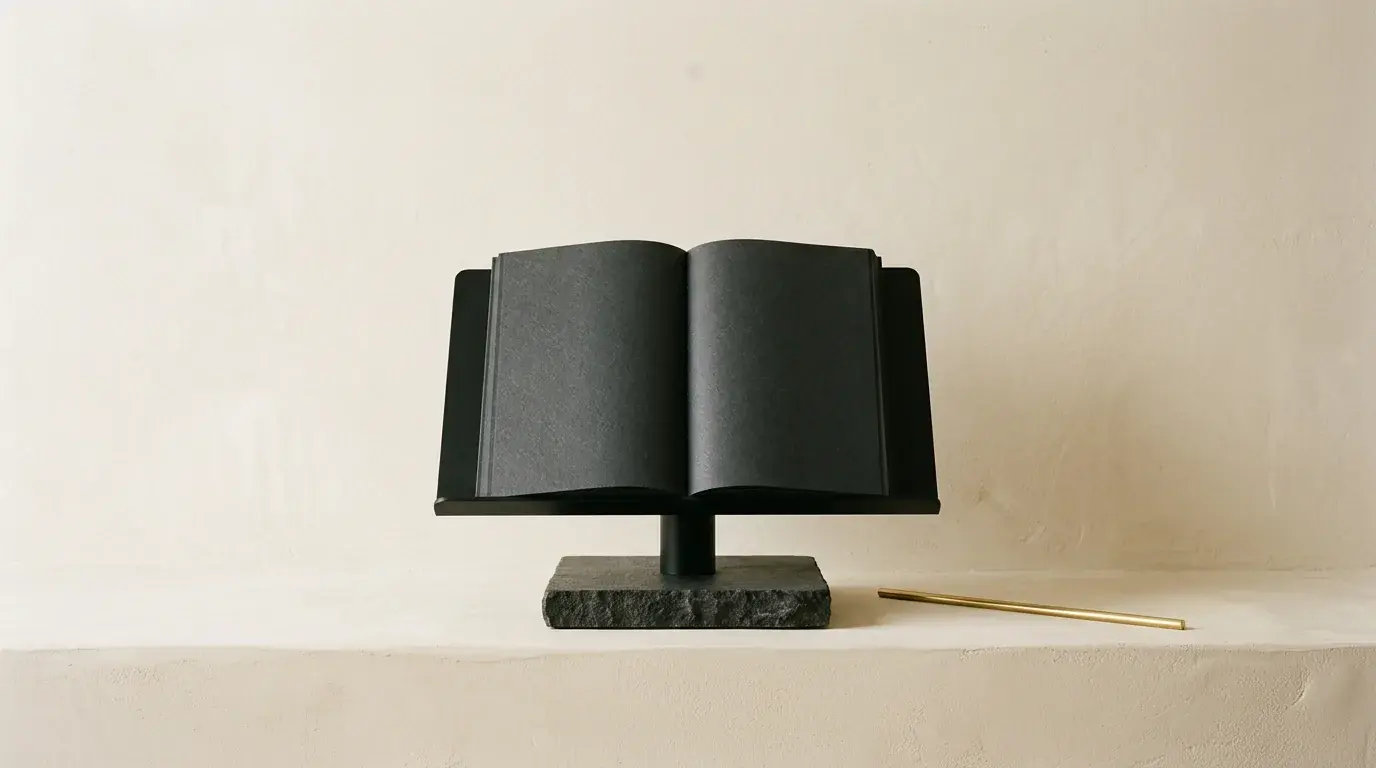 An open book form in matte black raised on a low plinth, its blank pages fanned, a brass rod alongside