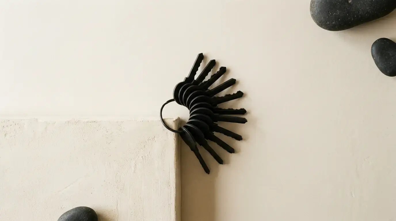 A ring of black keys fanned open against a pale wall, dark pebbles at the frame's edges.