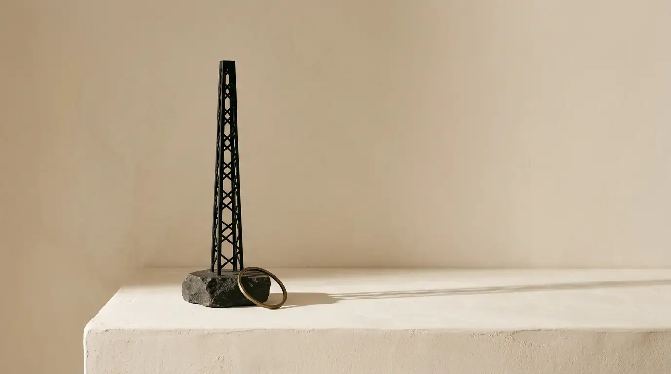 A slim black lattice tower model standing on a dark rock, a brass ring resting against its base.