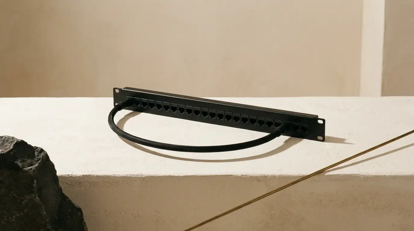 A black rack patch panel of network ports on a plaster ledge, one sleeved cable looping between two