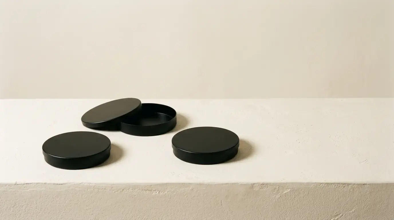 Three shallow black round tins on a plaster ledge, one with its lid tipped off and empty inside