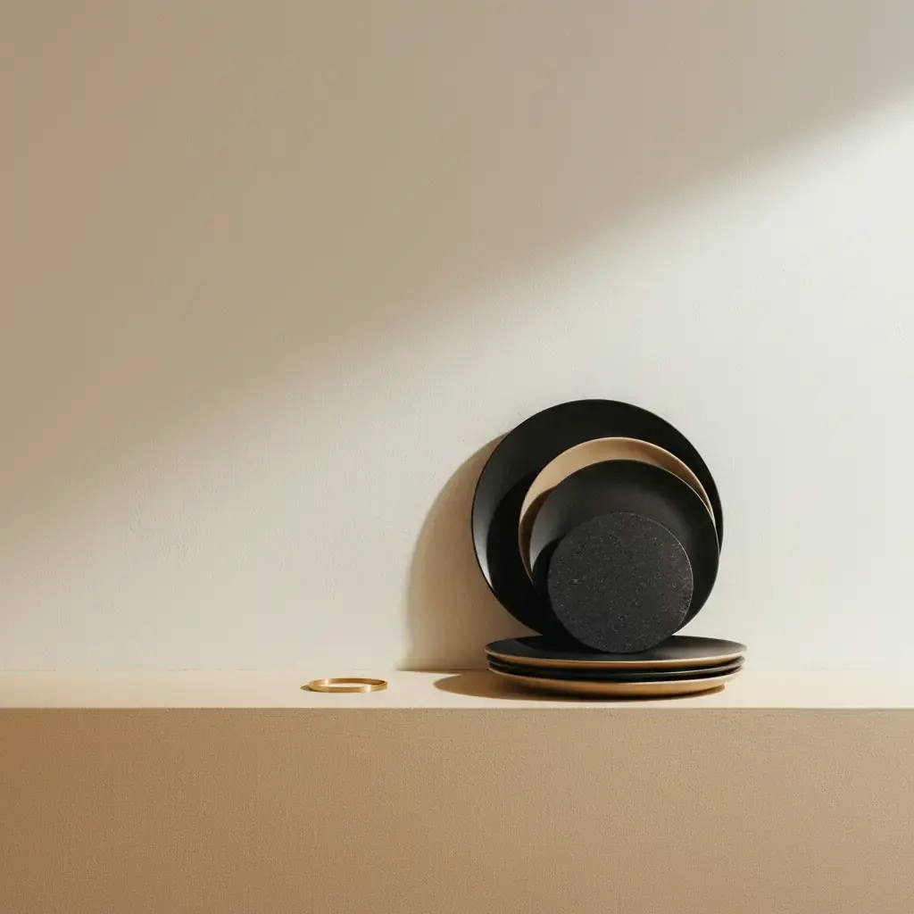 Black and stone discs of different sizes leaning together on a ledge, a brass ring apart from them