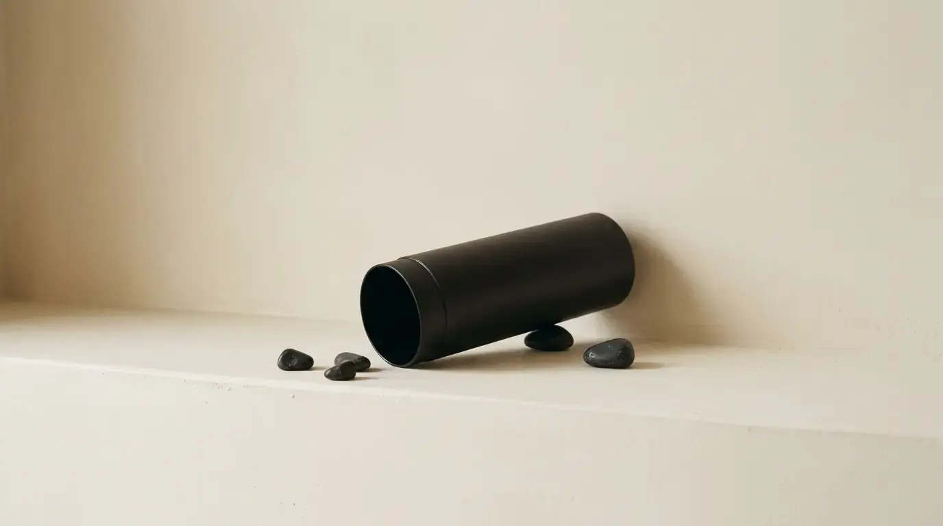 A black cylinder lying on its side on a plaster ledge among a few dark pebbles