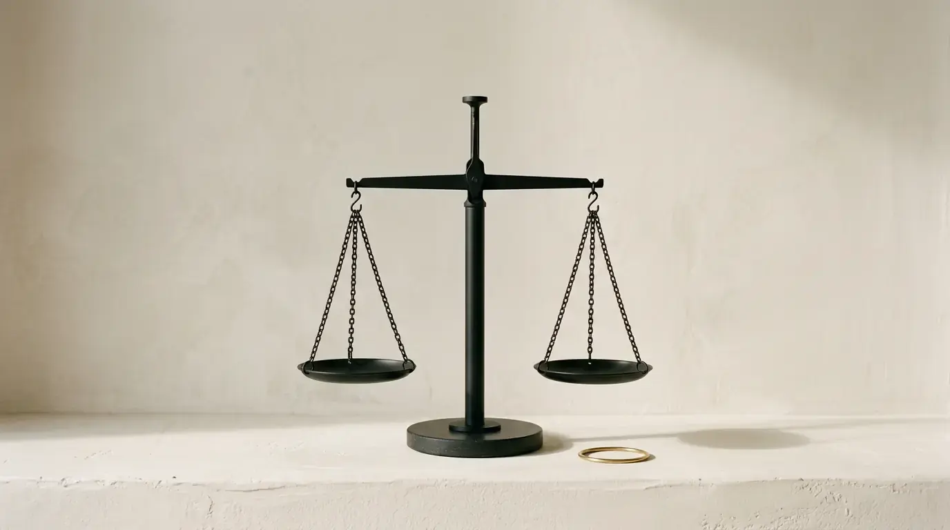 A black balance scale with two empty pans hanging level, a brass ring on the ledge beside it