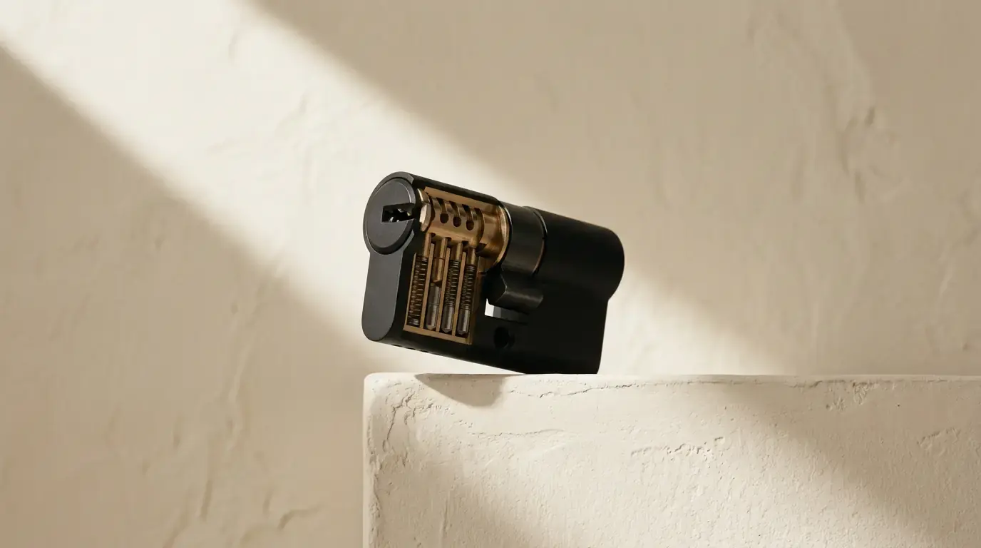 A black lock cylinder cut away to show the brass pin stack inside, on a plaster ledge in raking light
