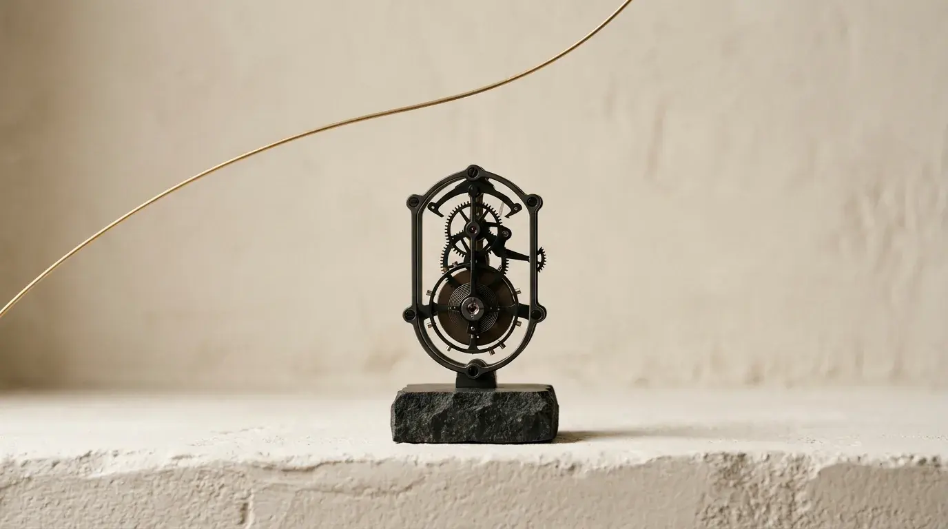 An openwork clock mechanism standing on a small base, a thin brass wire arcing across the frame above