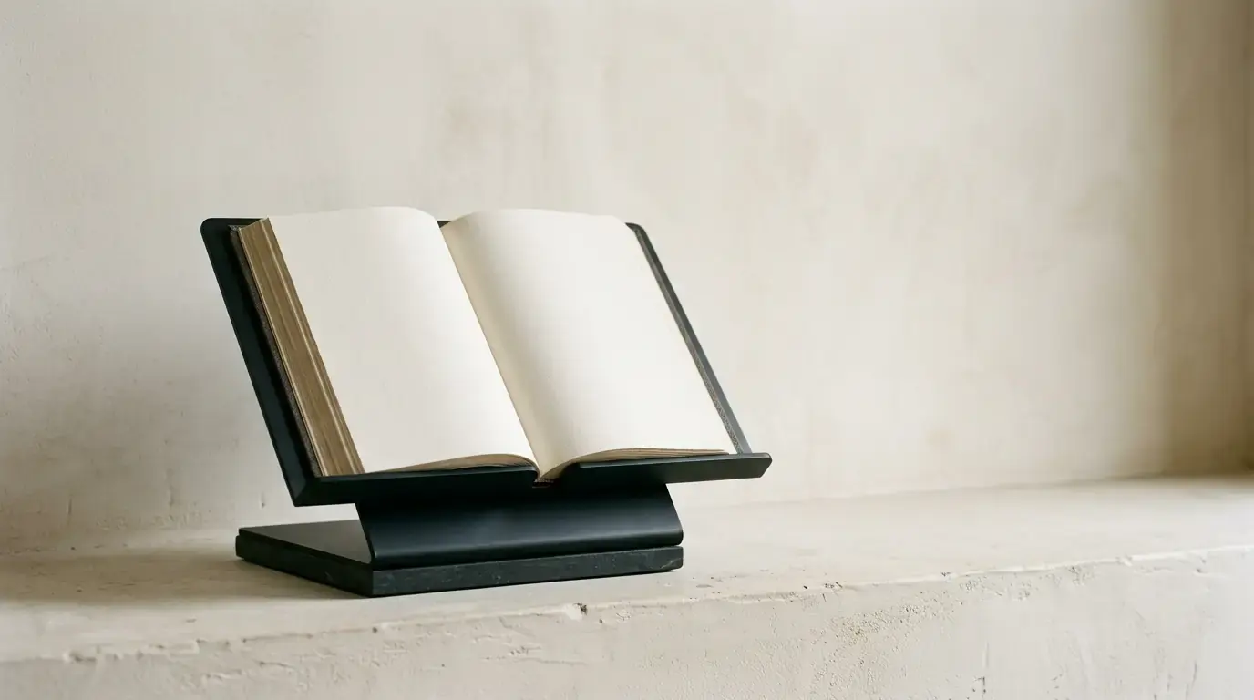 An open book with blank pages on a black reading stand, against a bare plaster wall.