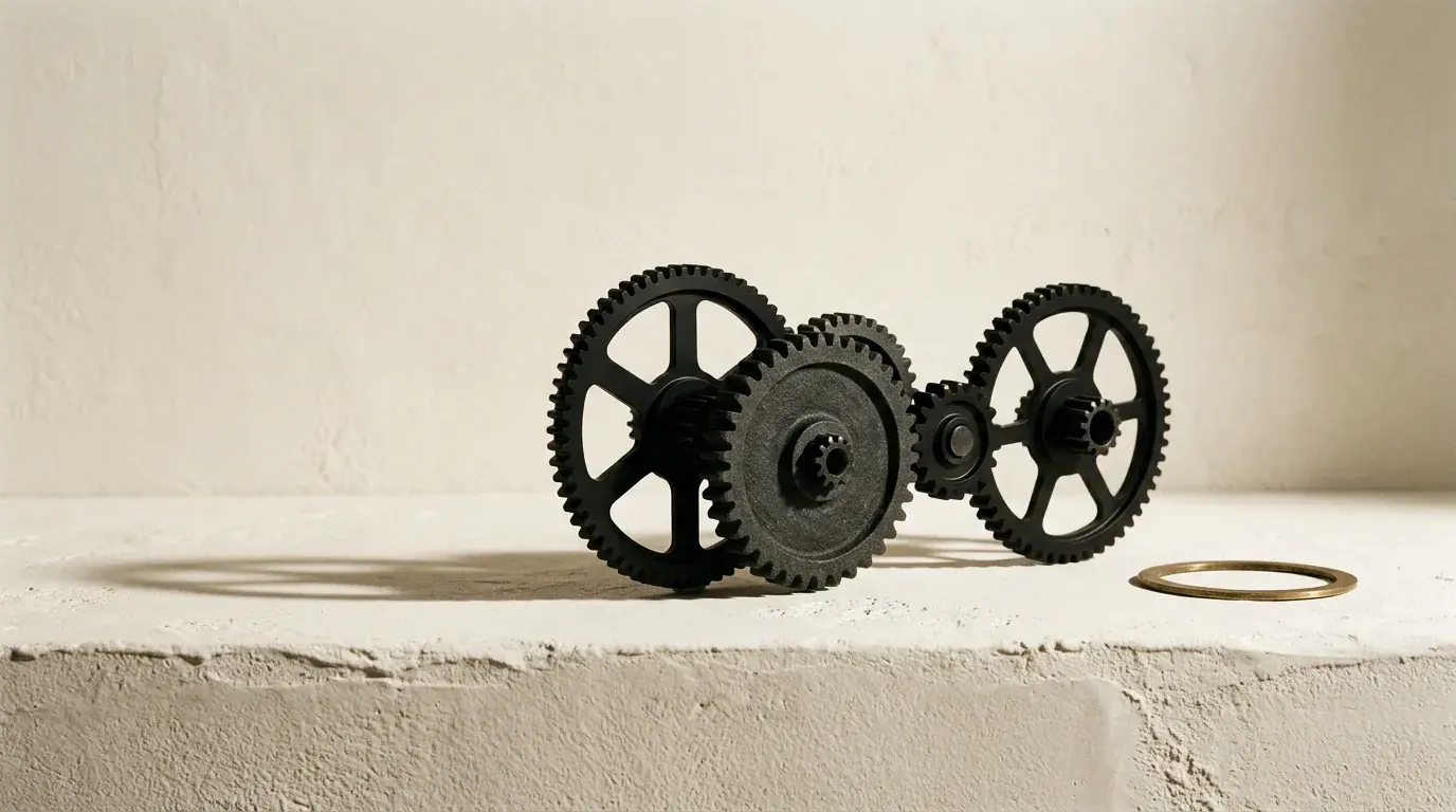 Three heavy spoked gears resting together on a plaster ledge with a brass ring lying flat in front